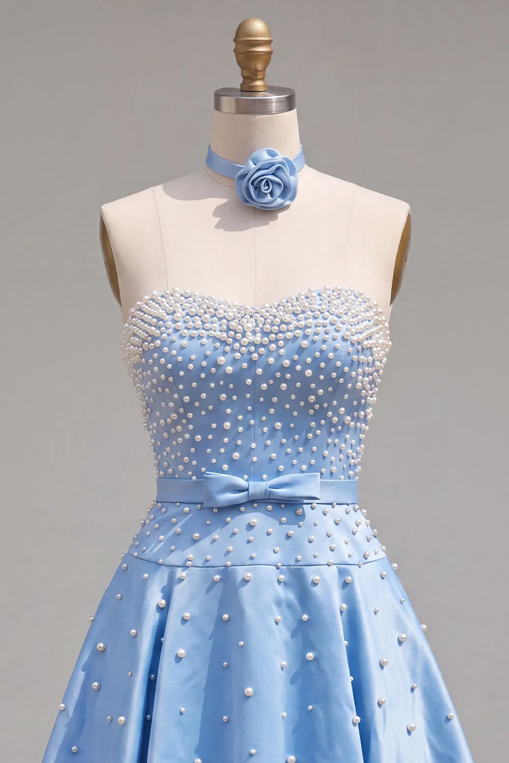 Blue Sweetheart Pearl Embellished Short Homecoming Dress with Choker and Bow sold by Zapaka product image thumbnail 5