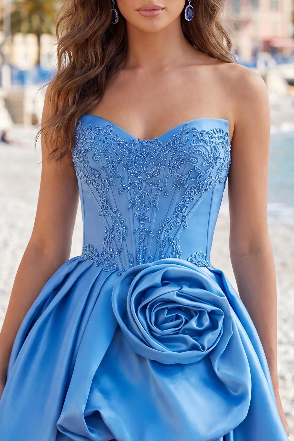 A-Line Dark Blue Strapless Beaded Corset Homecoming Dress with 3D Flower sold by Zapaka product image thumbnail 5