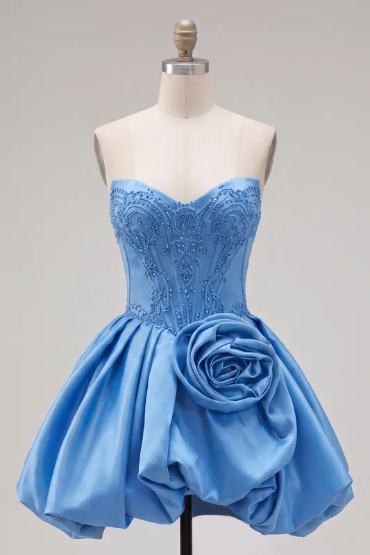 A-Line Dark Blue Strapless Beaded Corset Homecoming Dress with 3D Flower made by Zapaka