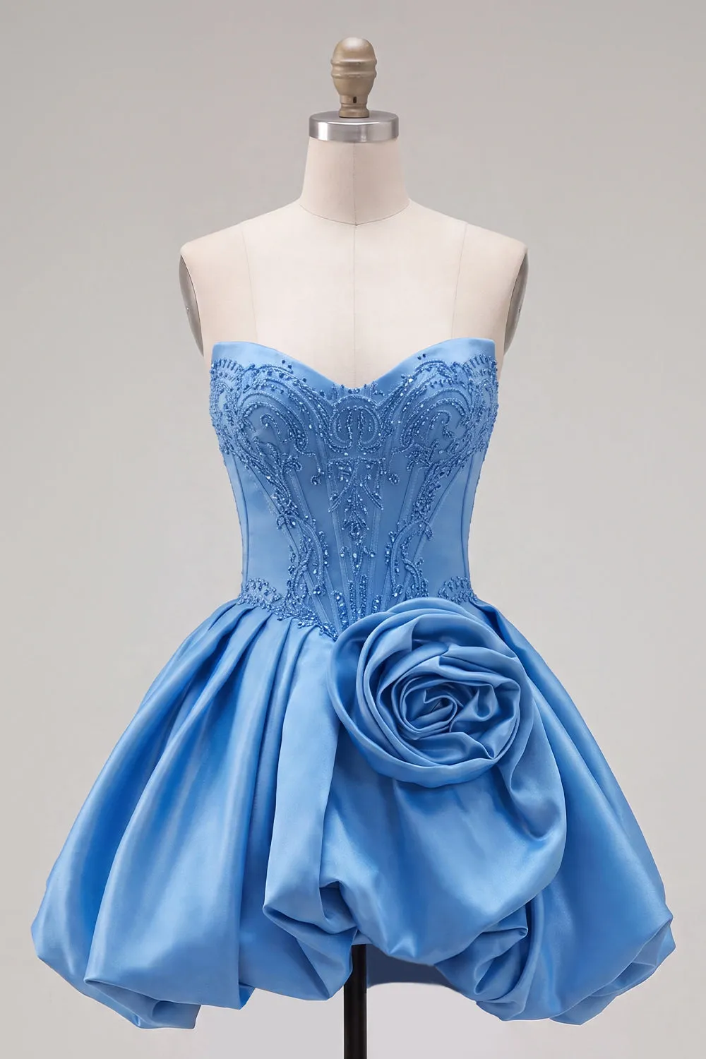 A-Line Dark Blue Strapless Beaded Corset Homecoming Dress with 3D Flower sold by Zapaka