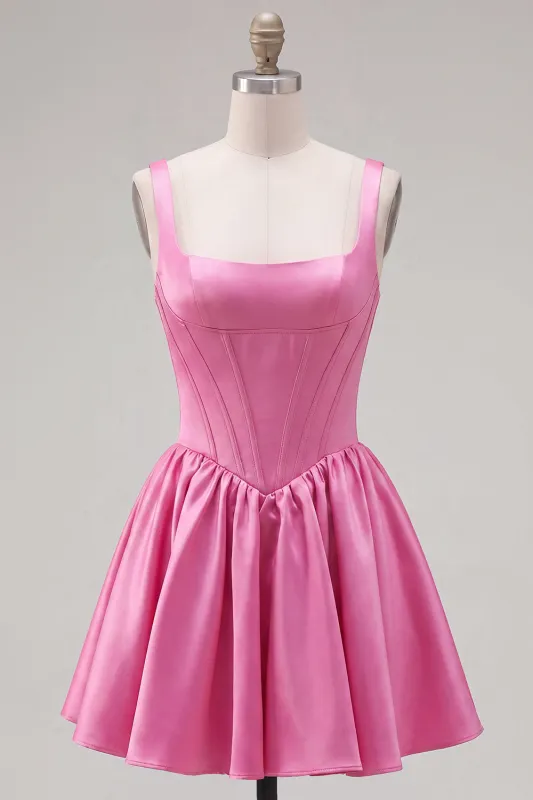 A-Line Fuchsia Square Neck Corset Satin Homecoming Dress made by Zapaka