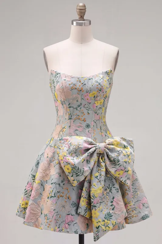 Strapless A-Line Grey Floral Jacquard Short Homecoming Dress with Bow made by Zapaka