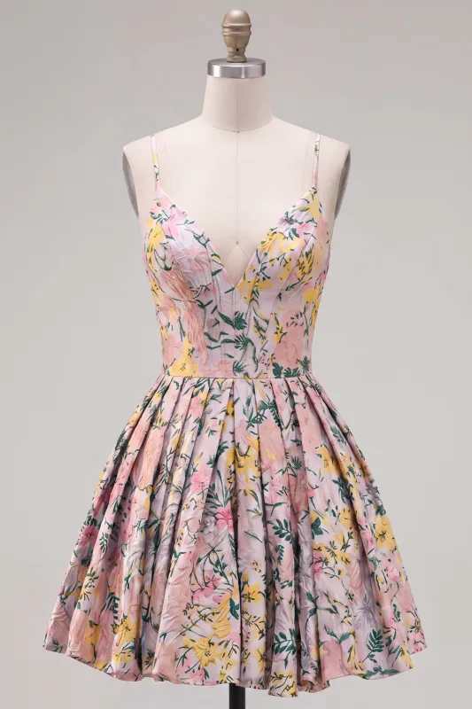 A-Line Grey Floral Spaghetti Straps Backless Short Homecoming Dress made by Zapaka
