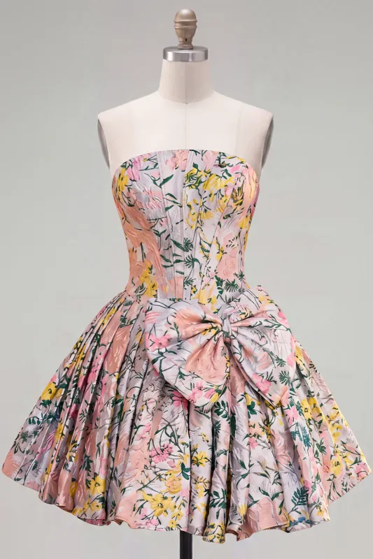A-Line Grey Corset Floral Strapless Jacquard Homecoming Dress with Bow made by Zapaka