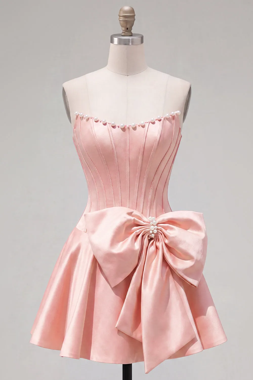 Peach Pink Satin Strapless Corset A-Line Pearls Homecoming Dress with Bow sold by Zapaka