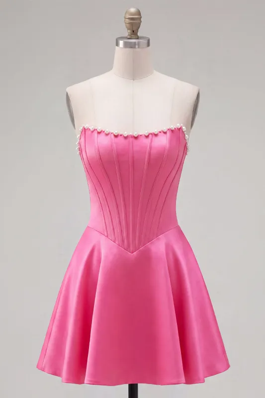 Sweetheart Fuchsia Pearls Corset A-Line Satin Homecoming Dress made by Zapaka