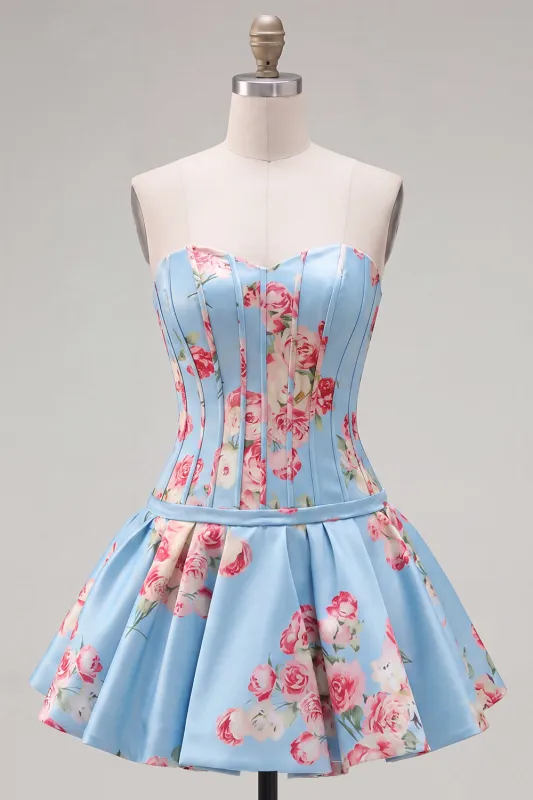 Satin A-Line Blue Sweetheart Floral Corset Homecoming Dress made by Zapaka