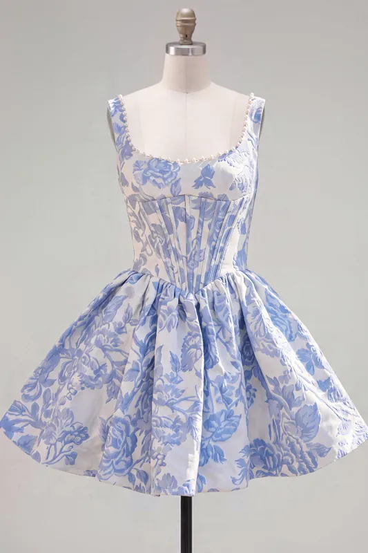 A-Line Blue Pearls Jacquard Square Neck Corset Homecoming Dress made by Zapaka