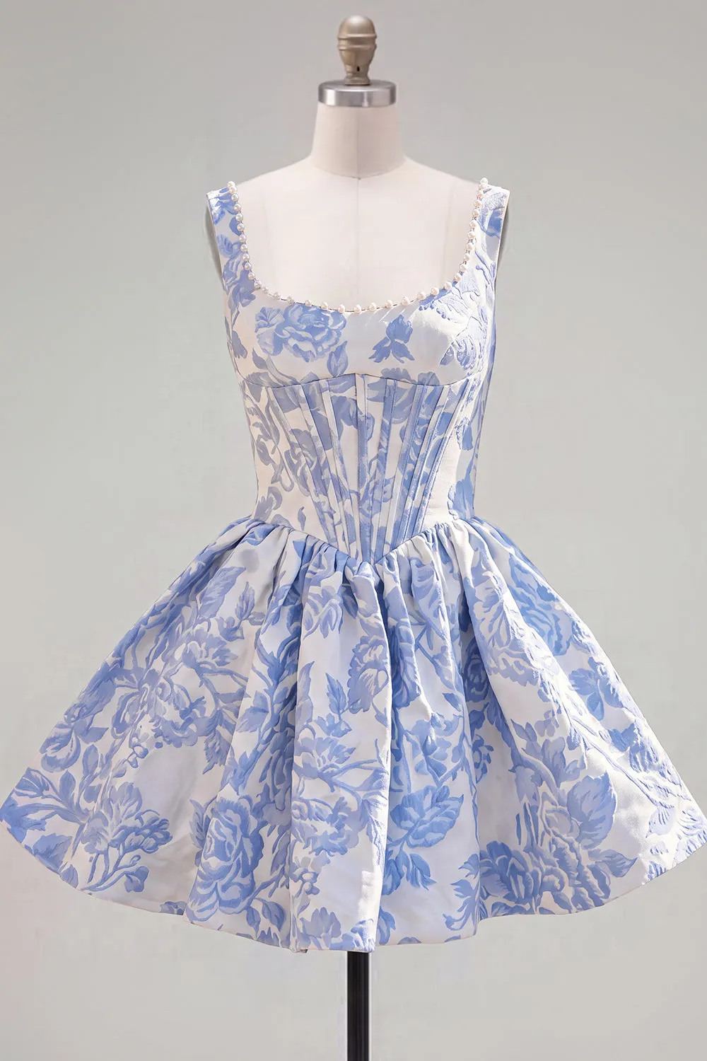 A-Line Blue Pearls Jacquard Square Neck Corset Homecoming Dress sold by Zapaka