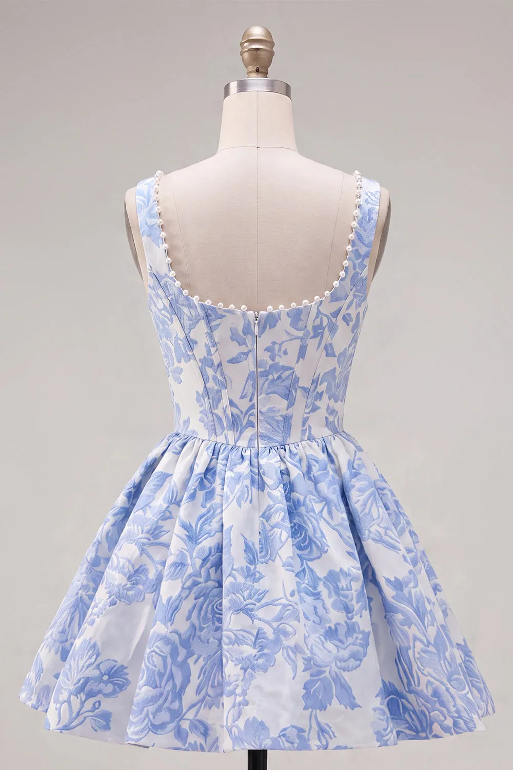A-Line Blue Pearls Jacquard Square Neck Corset Homecoming Dress sold by Zapaka product image thumbnail 2