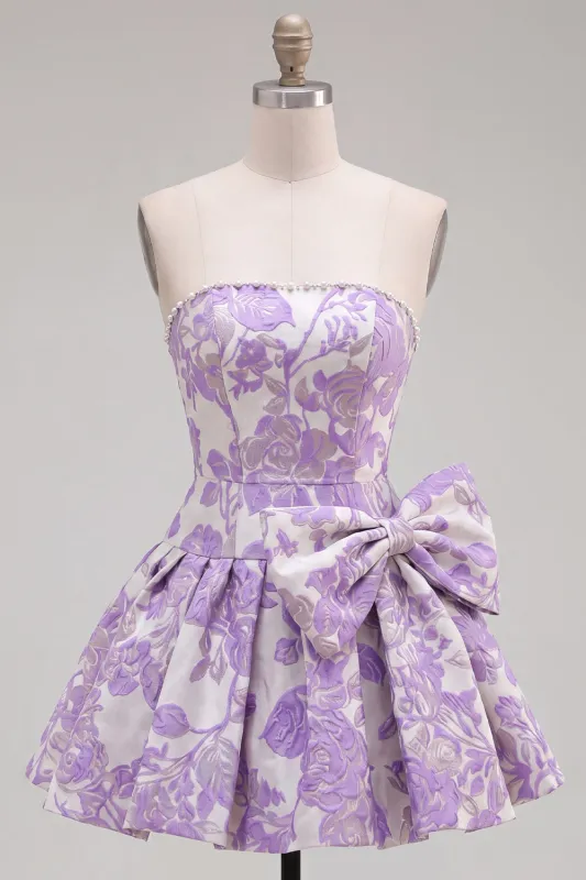 Strapless Purple A-Line Pearls Jacquard Homecoming Dress with Bow made by Zapaka