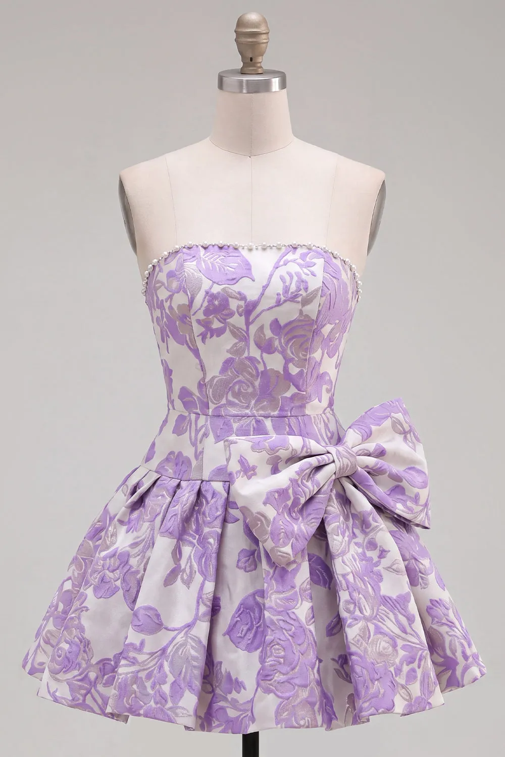 Strapless Purple A-Line Pearls Jacquard Homecoming Dress with Bow sold by Zapaka