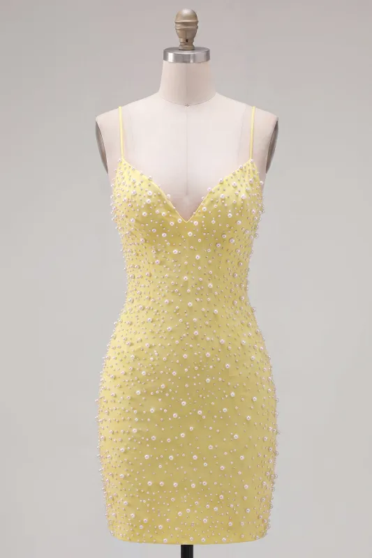 Yellow Pearls Spaghetti Straps Tight Homecoming Dress with Lace Up Back made by Zapaka