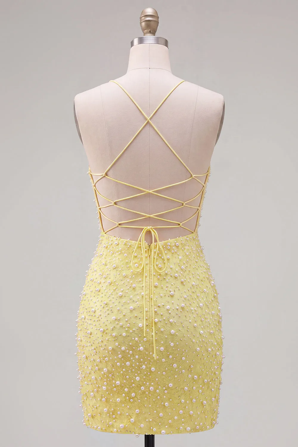 Yellow Pearls Spaghetti Straps Tight Homecoming Dress with Lace Up Back sold by Zapaka product image thumbnail 2