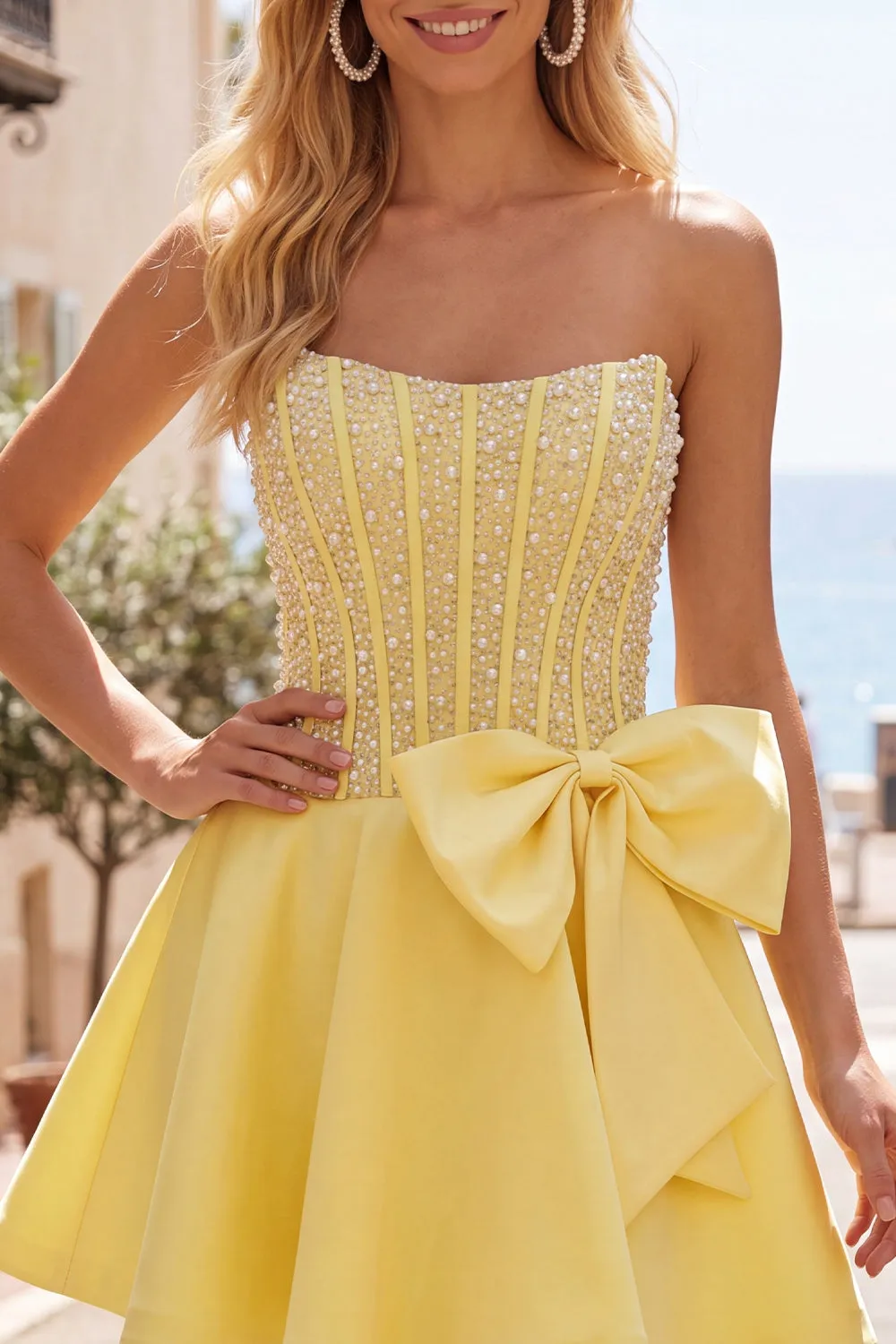 Yellow Sweetheart A-Line Pearls Corset Homecoming Dress with Bow sold by Zapaka product image thumbnail 5