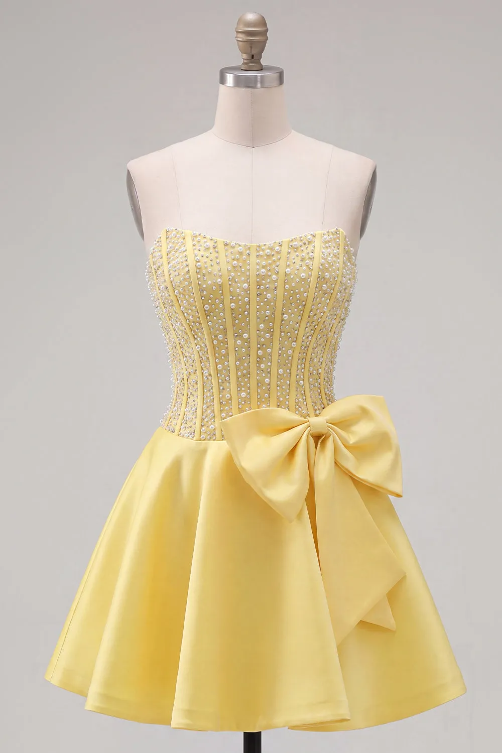 Yellow Sweetheart A-Line Pearls Corset Homecoming Dress with Bow sold by Zapaka