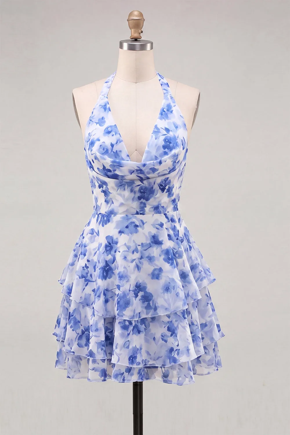 A-Line Chiffon Blue Floral Tiered Halter Neck Short Homecoming Dress sold by Zapaka