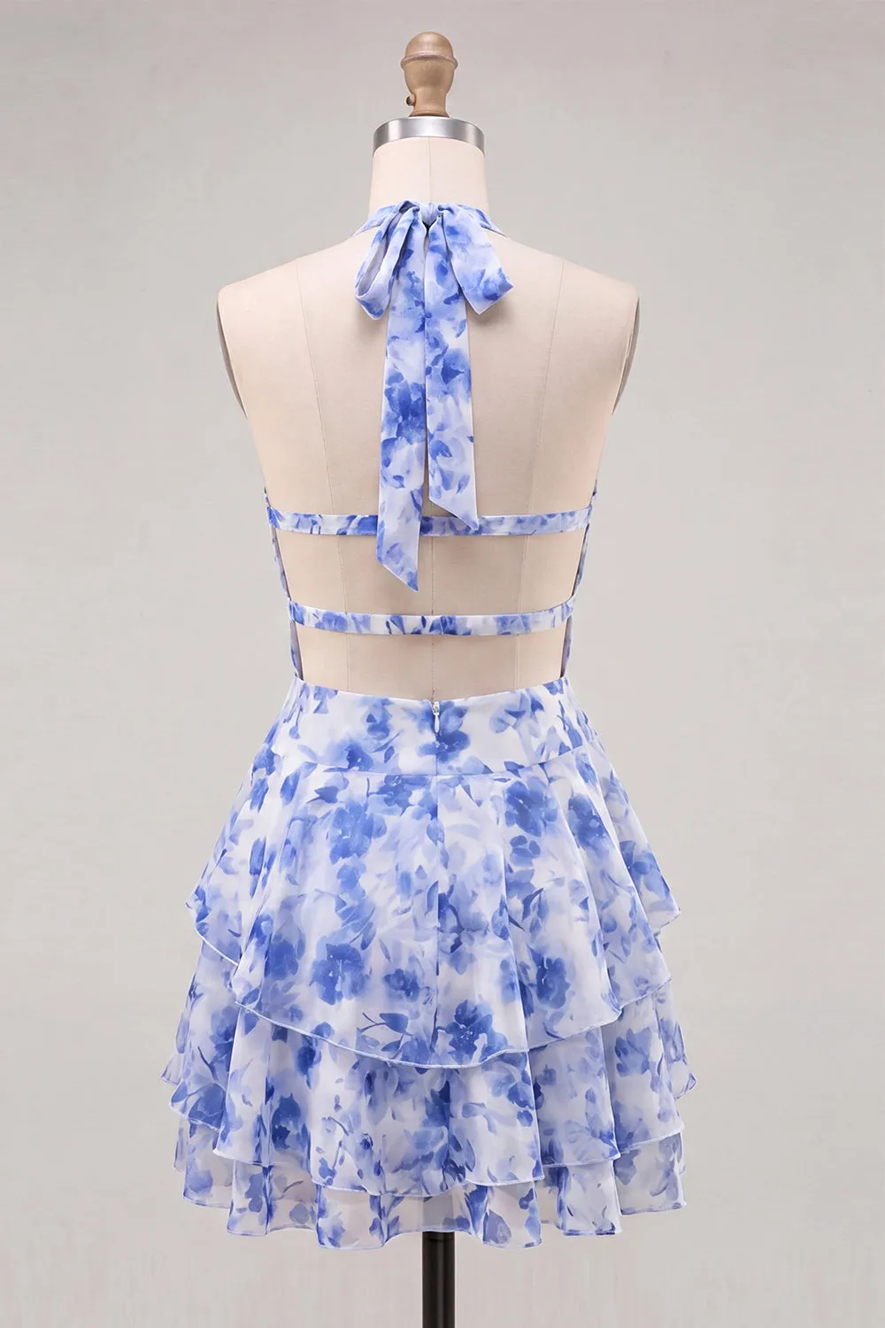 A-Line Chiffon Blue Floral Tiered Halter Neck Short Homecoming Dress sold by Zapaka product image thumbnail 2