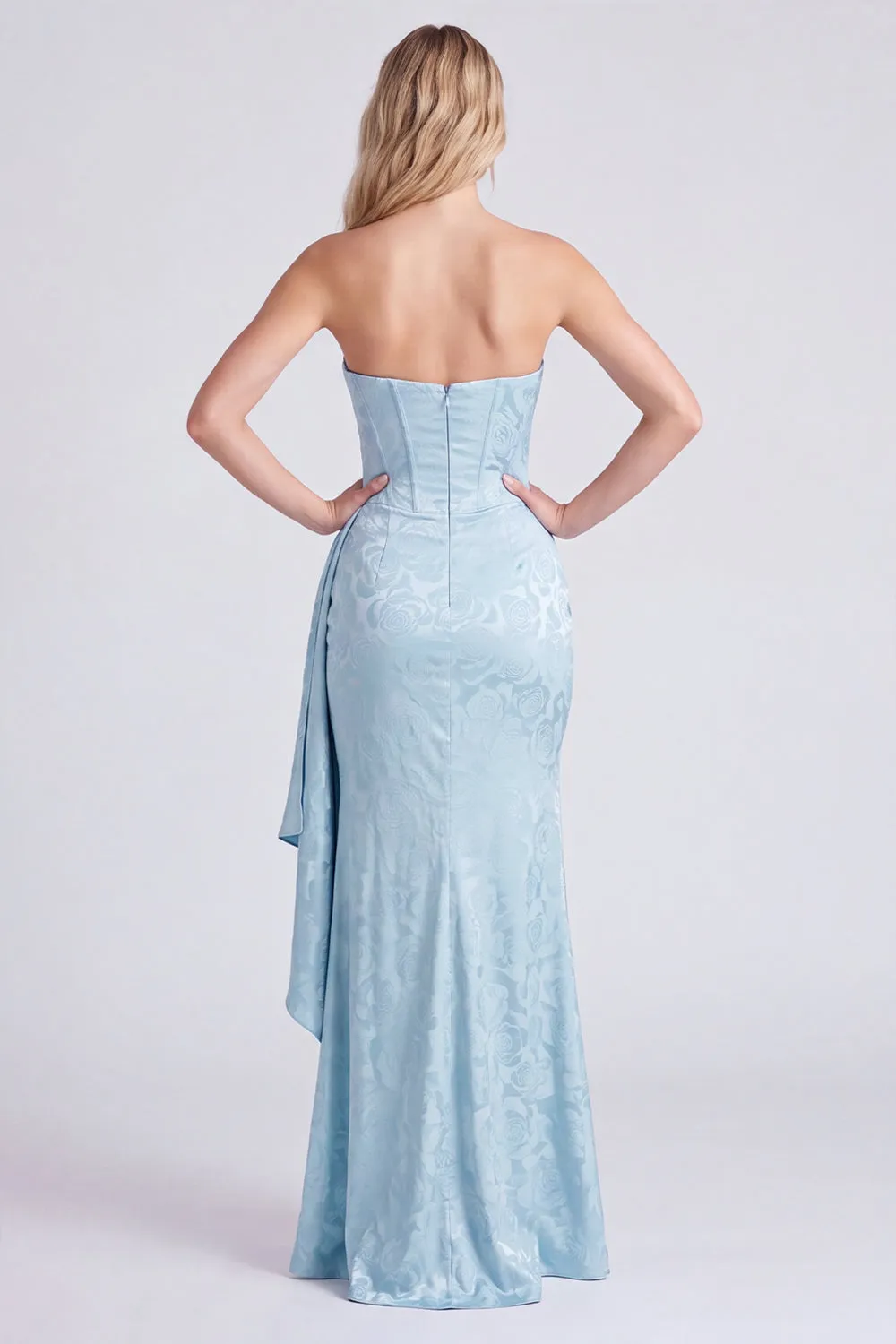 Light Blue Floral Jacquard Column Dress with Side Drape sold by Zapaka product image thumbnail 4