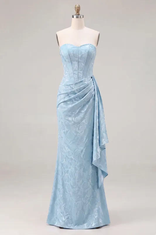 Light Blue Floral Jacquard Column Dress with Side Drape made by Zapaka