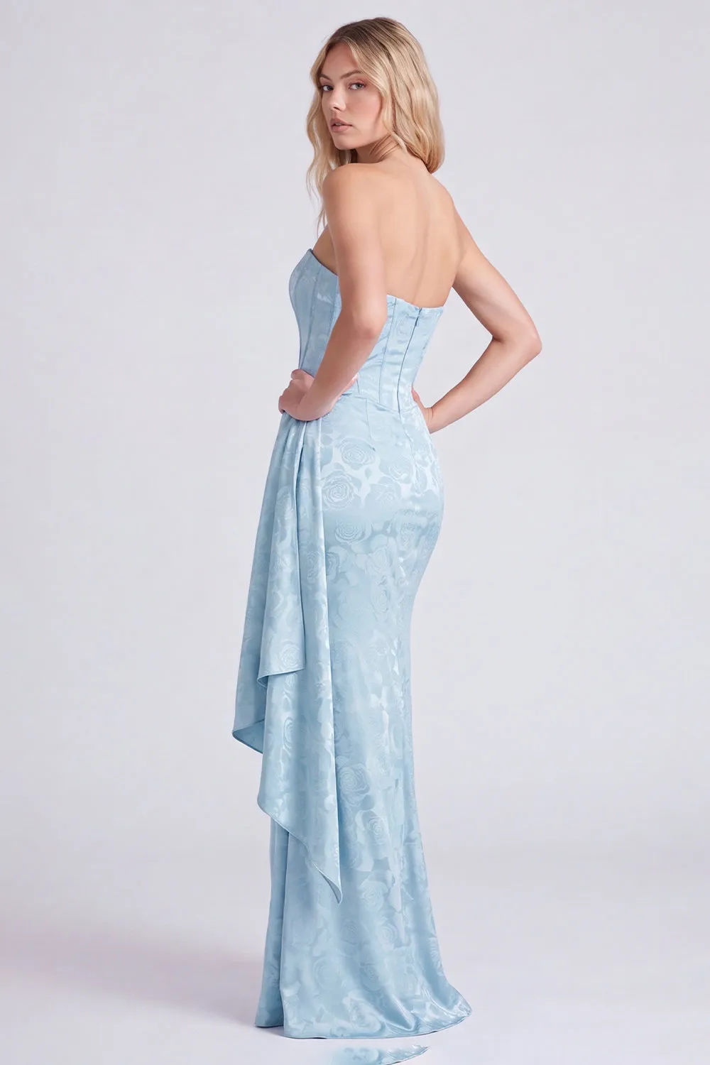 Light Blue Floral Jacquard Column Dress with Side Drape sold by Zapaka product image thumbnail 5