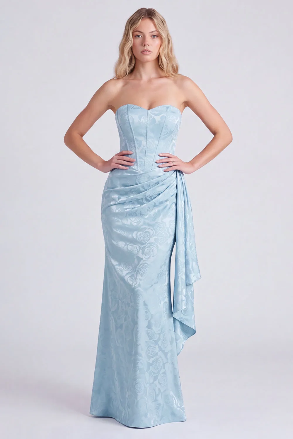 Light Blue Floral Jacquard Column Dress with Side Drape sold by Zapaka product image thumbnail 3