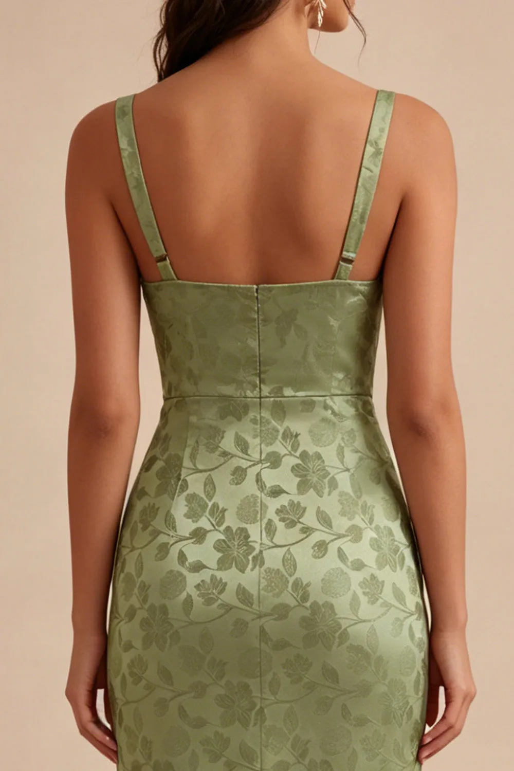 Light Green Satin Bodycon Ruched Midi Floral Dress with Slit sold by Zapaka product image thumbnail 5