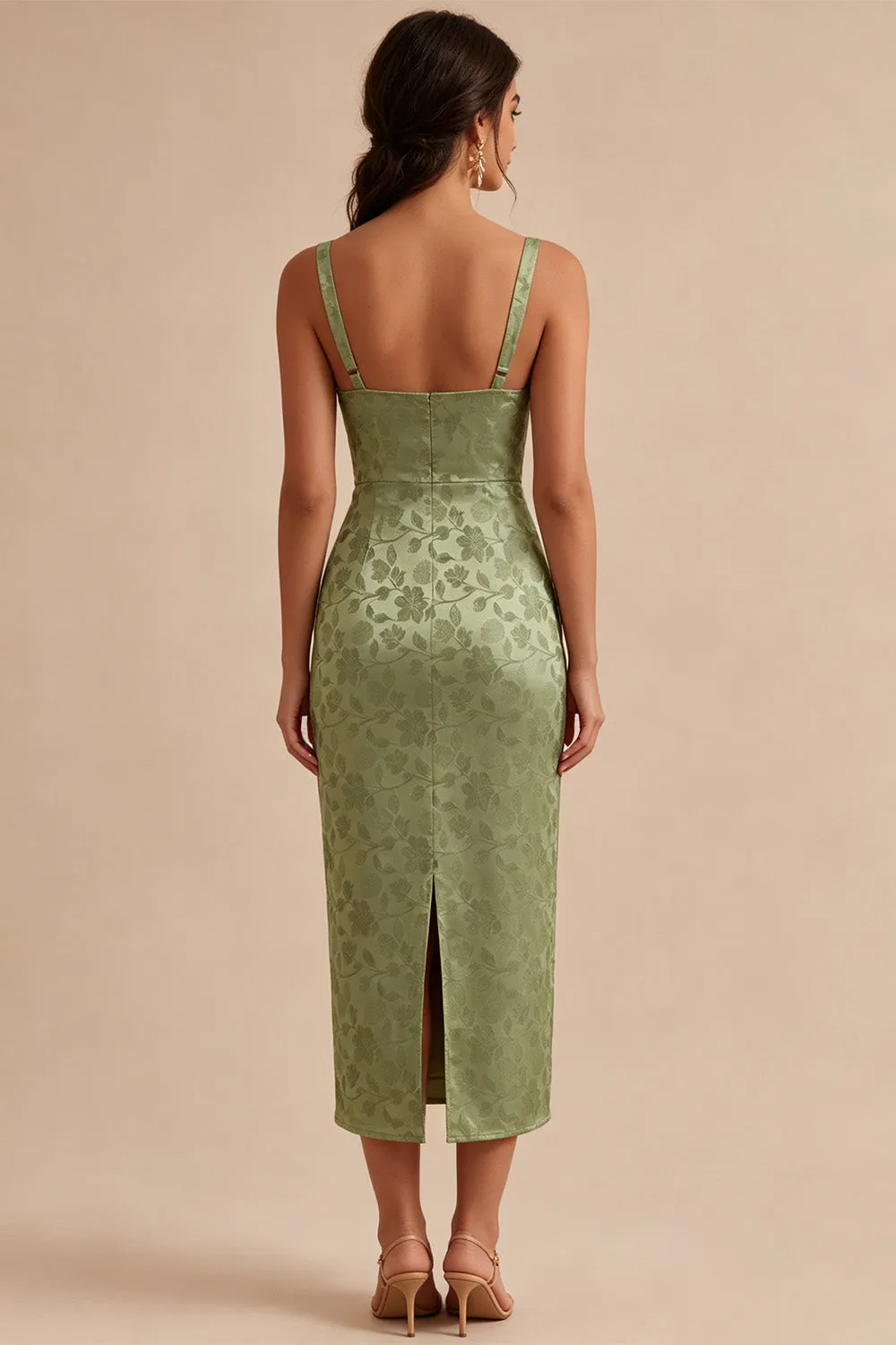 Light Green Satin Bodycon Ruched Midi Floral Dress with Slit sold by Zapaka product image thumbnail 2