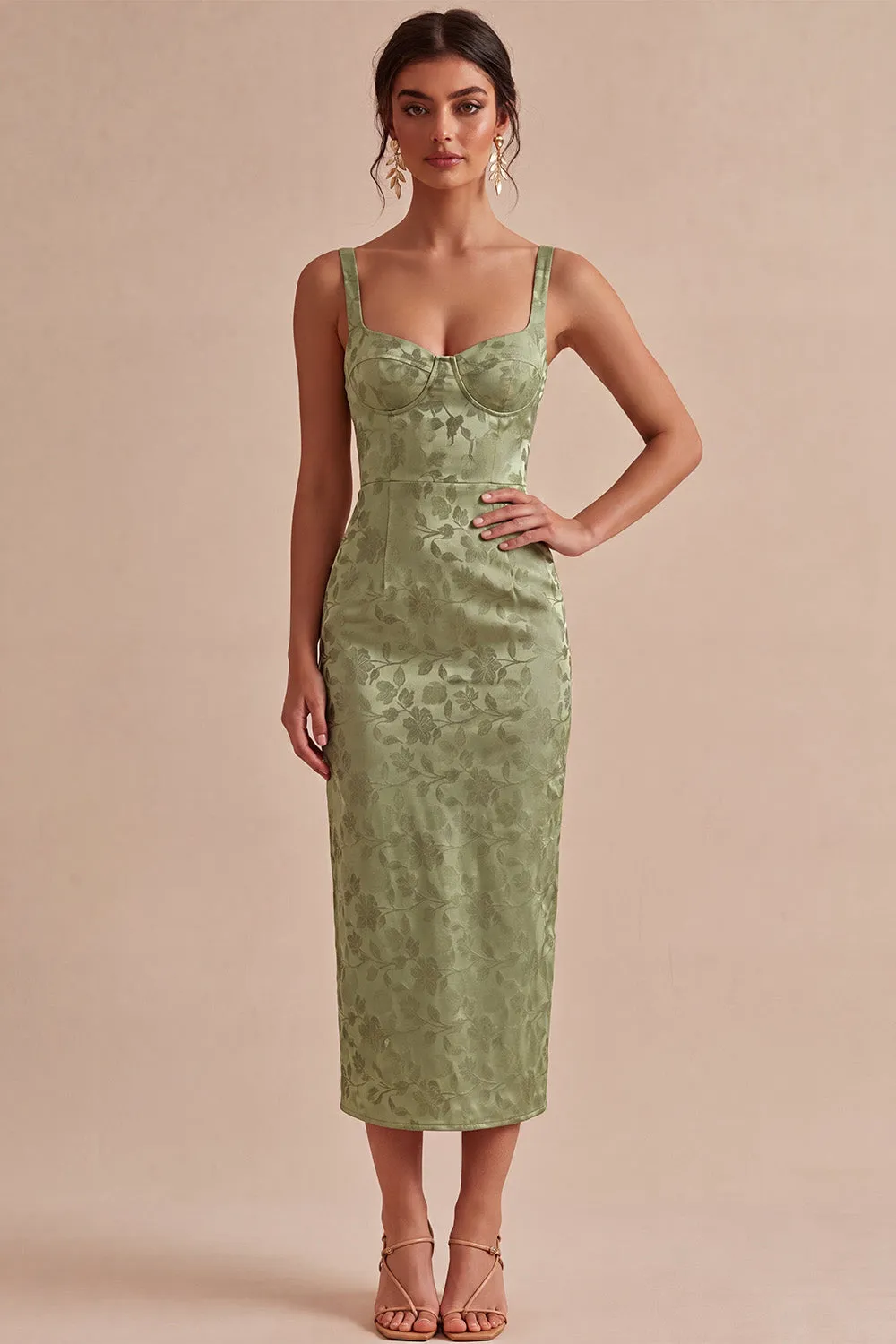 Light Green Satin Bodycon Ruched Midi Floral Dress with Slit sold by Zapaka product image thumbnail 3