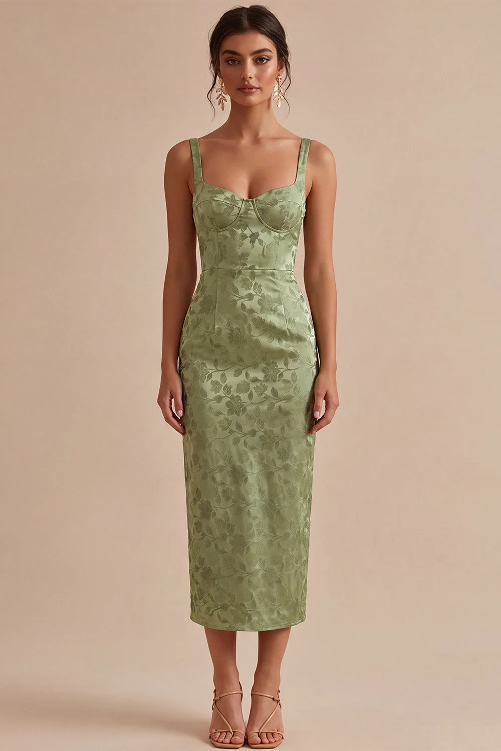 Light Green Satin Bodycon Ruched Midi Floral Dress with Slit sold by Zapaka