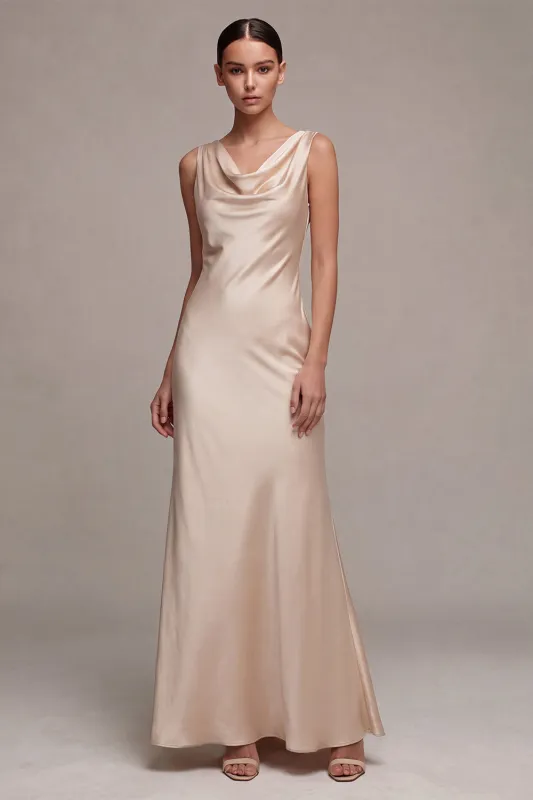 Mermaid Satin Champagne Cowl Neck Maxi Dress made by Zapaka