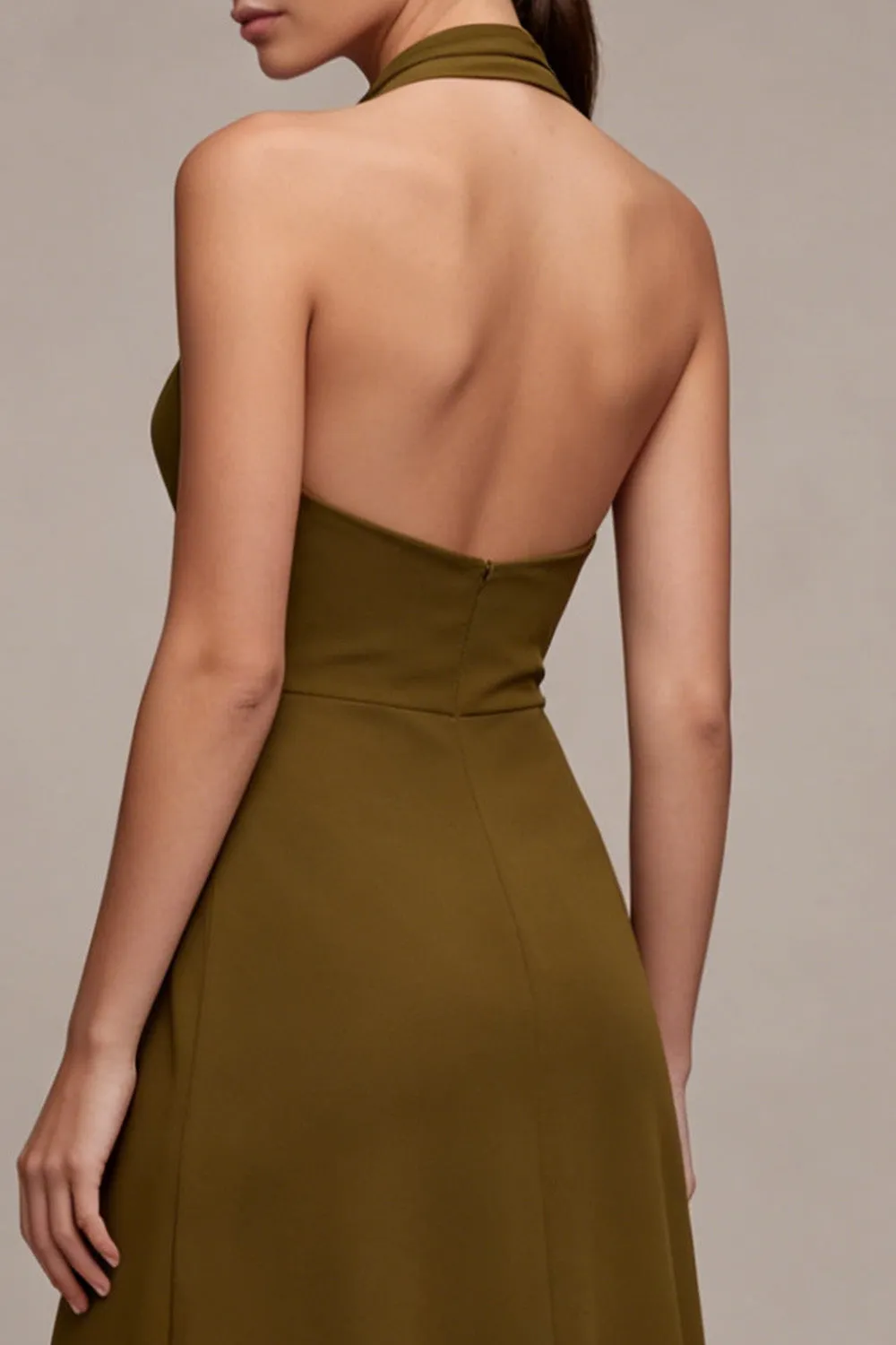 Chiffon Olive A-Line Halter Neck Midi Dress with Ruffles sold by Zapaka product image thumbnail 4