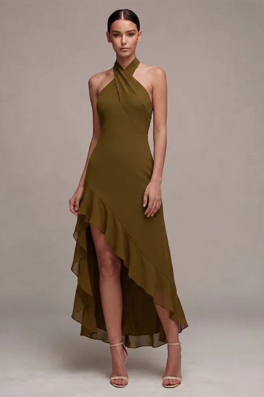 Chiffon Olive A-Line Halter Neck Midi Dress with Ruffles made by Zapaka