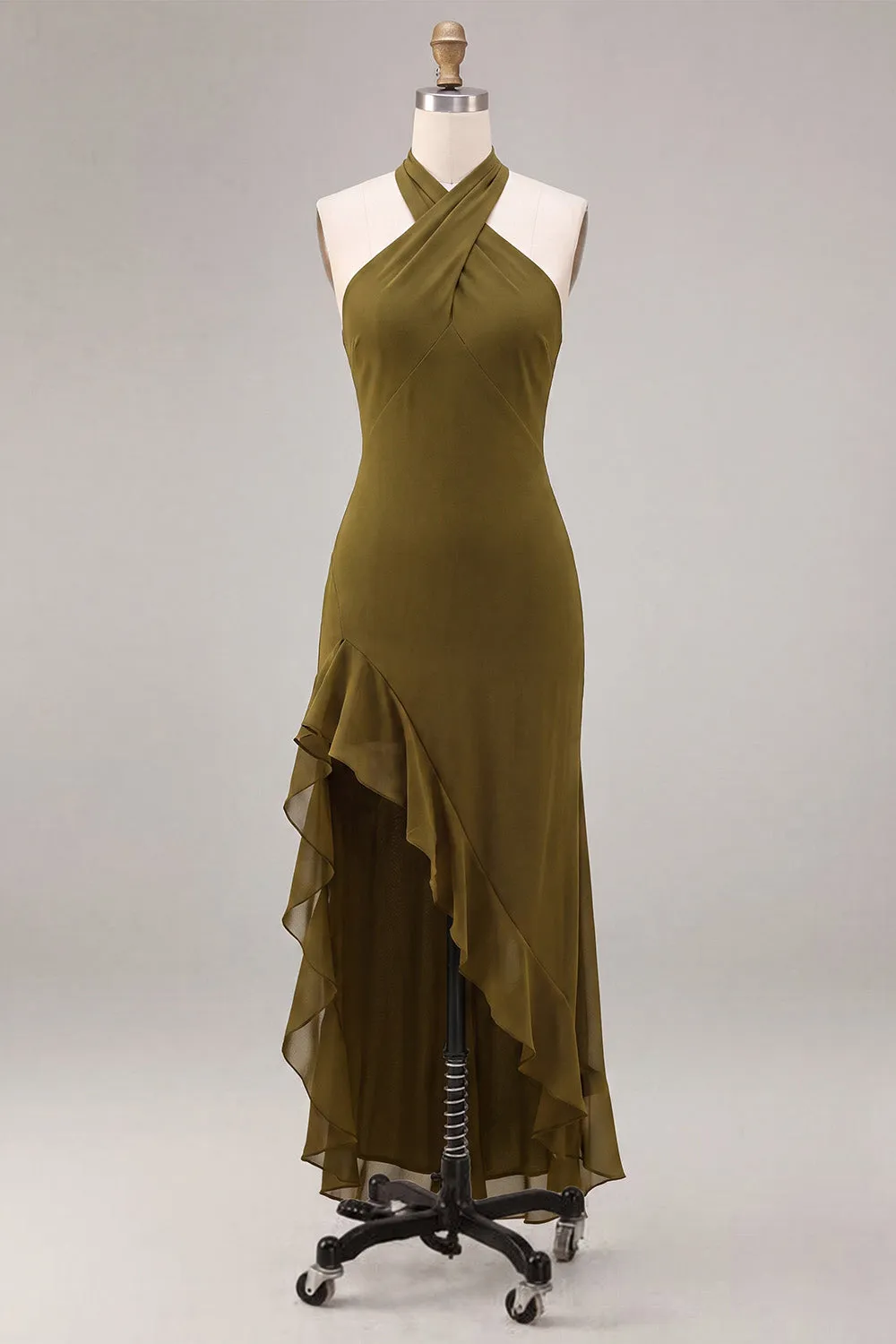 Chiffon Olive A-Line Halter Neck Midi Dress with Ruffles sold by Zapaka product image thumbnail 5