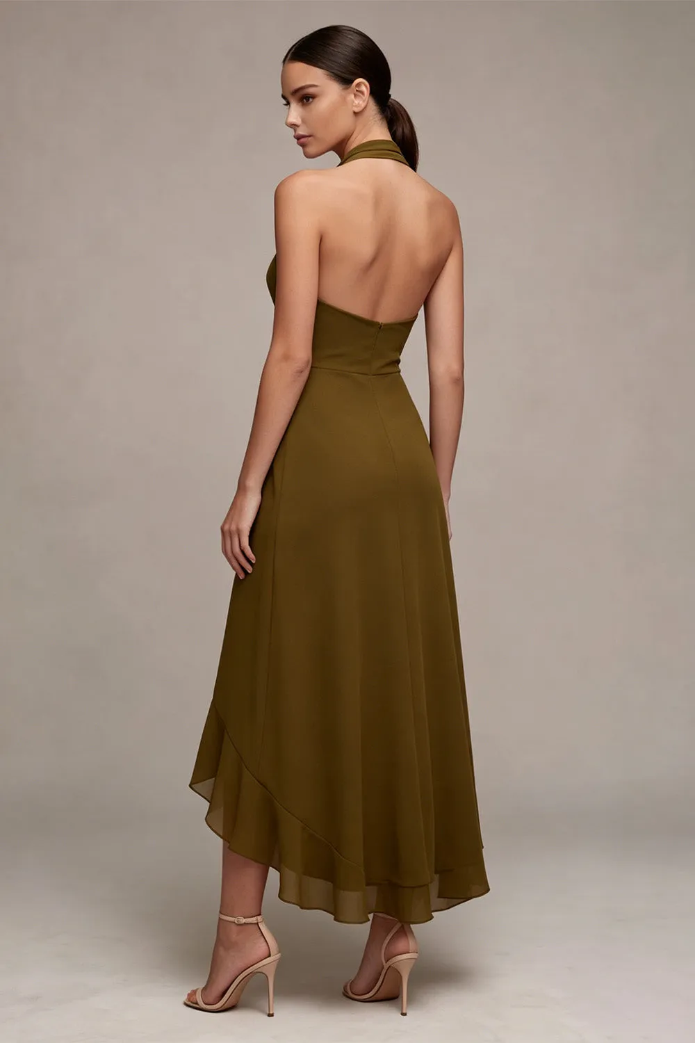 Chiffon Olive A-Line Halter Neck Midi Dress with Ruffles sold by Zapaka product image thumbnail 2