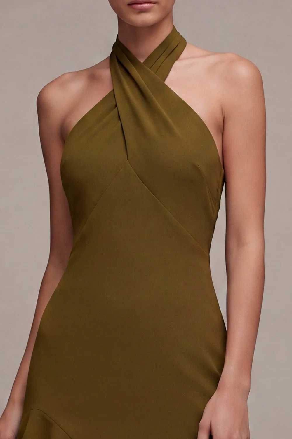 Chiffon Olive A-Line Halter Neck Midi Dress with Ruffles sold by Zapaka product image thumbnail 3