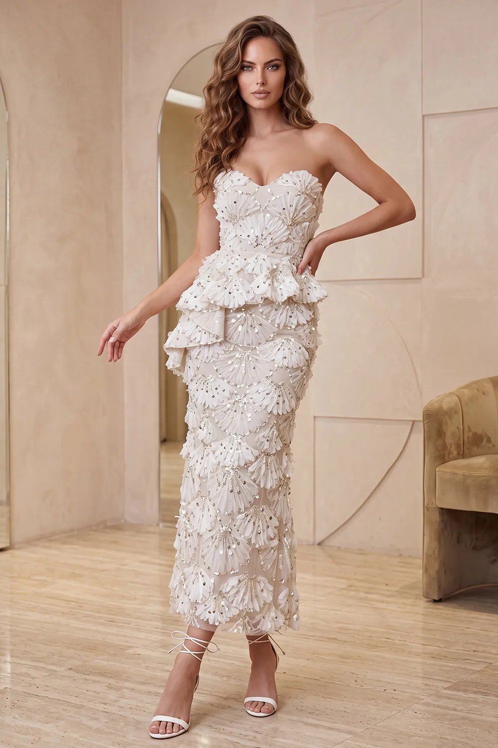 Sweetheart Apricot Bodycon Ruffled Midi Formal Dress with Slit sold by Zapaka