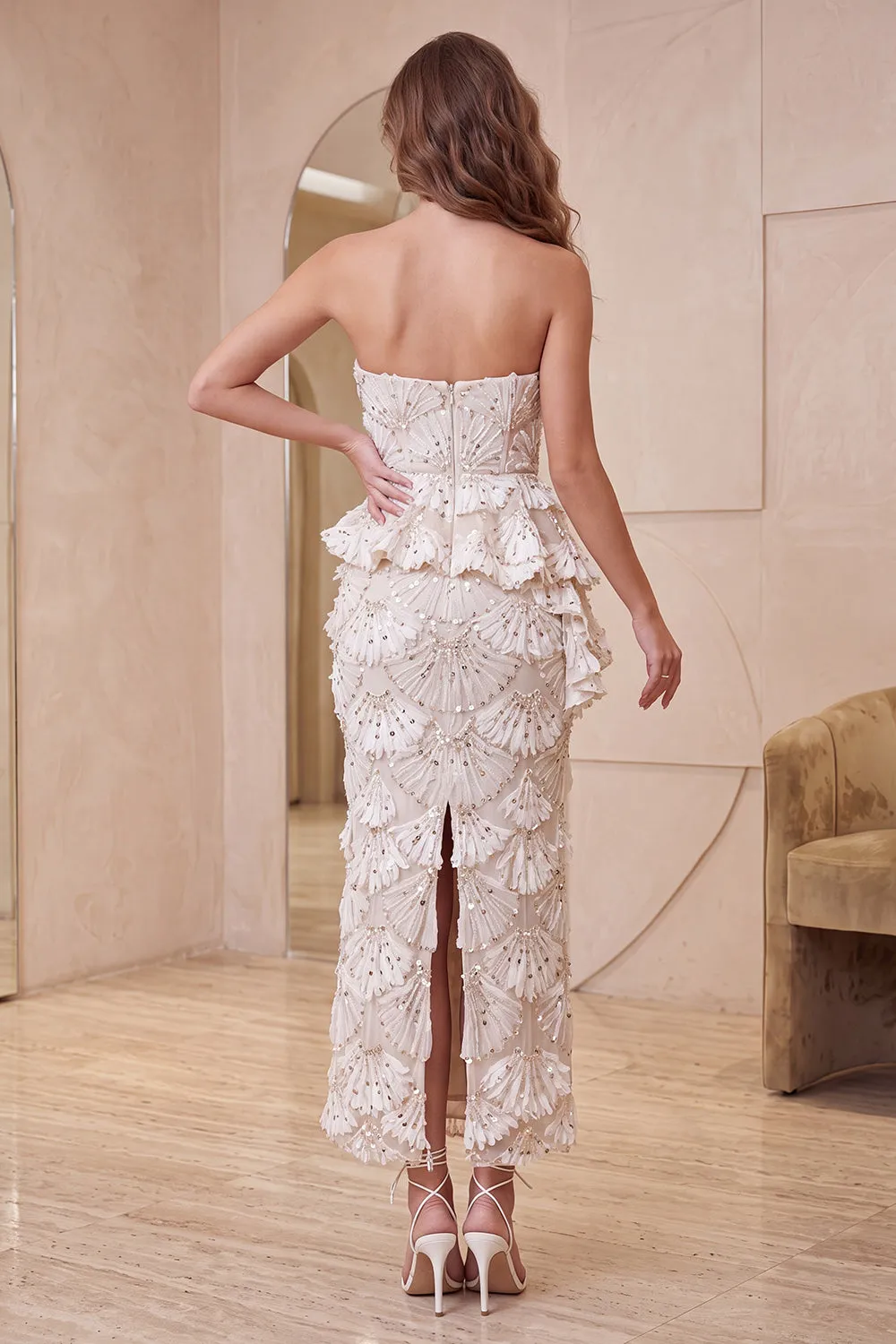 Sweetheart Apricot Bodycon Ruffled Midi Formal Dress with Slit sold by Zapaka product image thumbnail 2