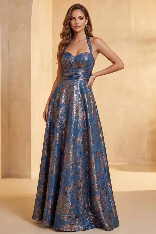 Jacquard Navy Floral A-Line Ruched Long Formal Dress made by Zapaka
