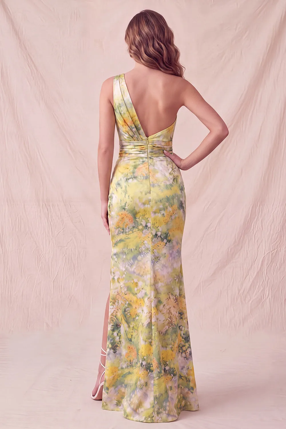 Yellow One Shoulder Floral Mermaid Ruched Long Formal Dress with Slit sold by Zapaka product image thumbnail 2