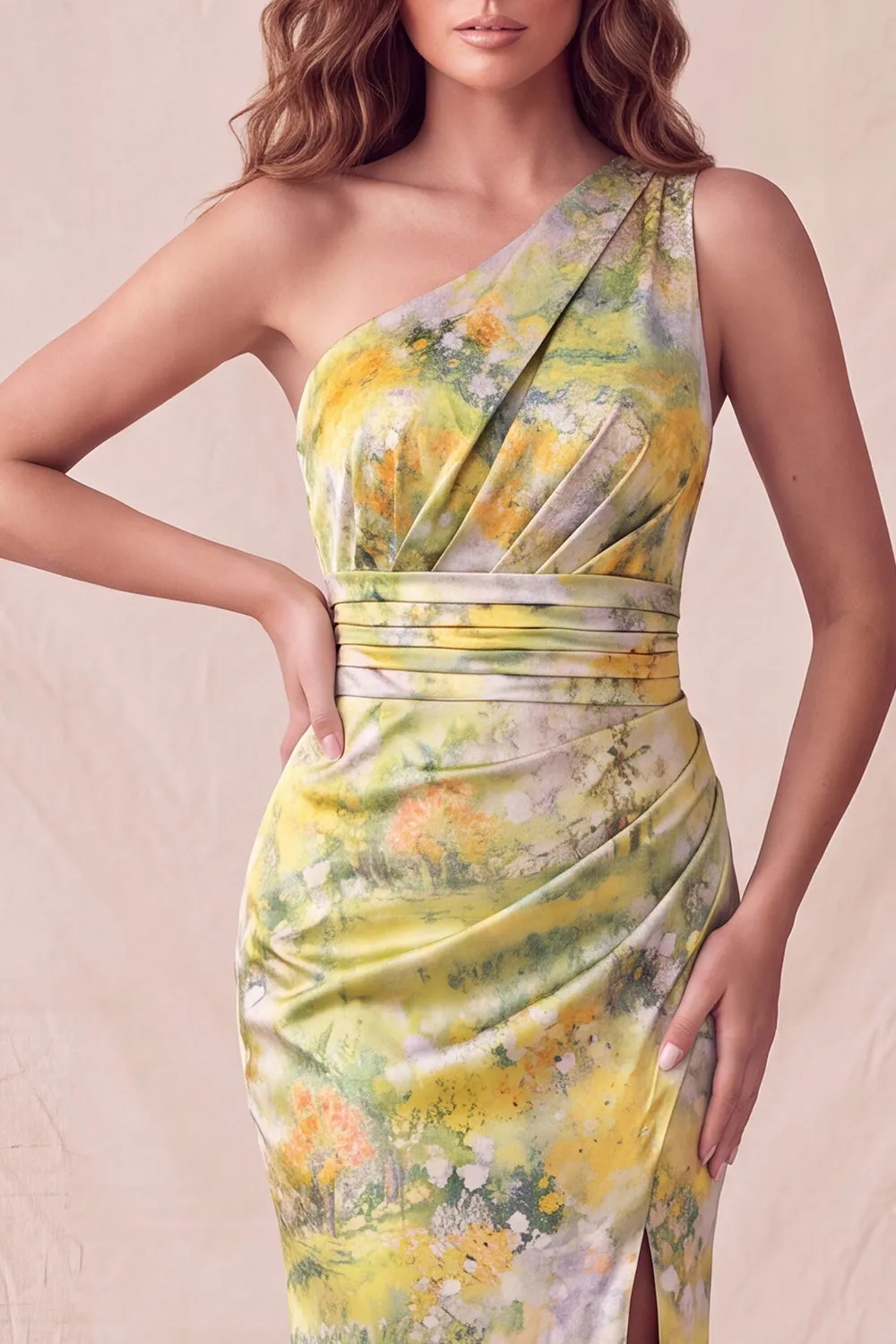 Yellow One Shoulder Floral Mermaid Ruched Long Formal Dress with Slit sold by Zapaka product image thumbnail 3