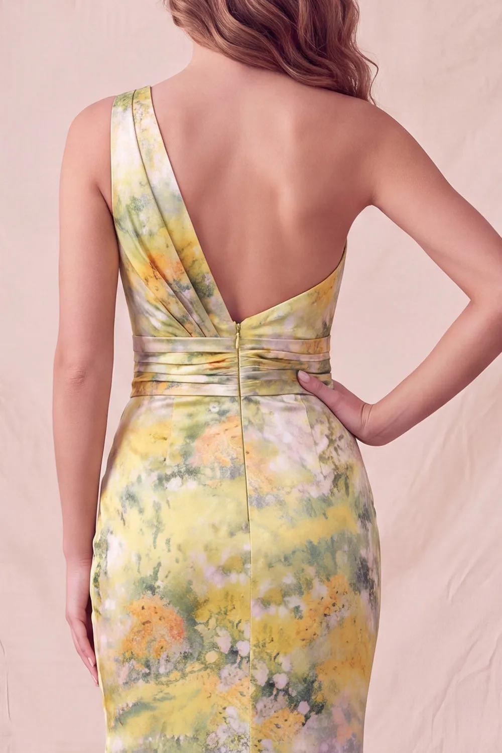 Yellow One Shoulder Floral Mermaid Ruched Long Formal Dress with Slit sold by Zapaka product image thumbnail 4