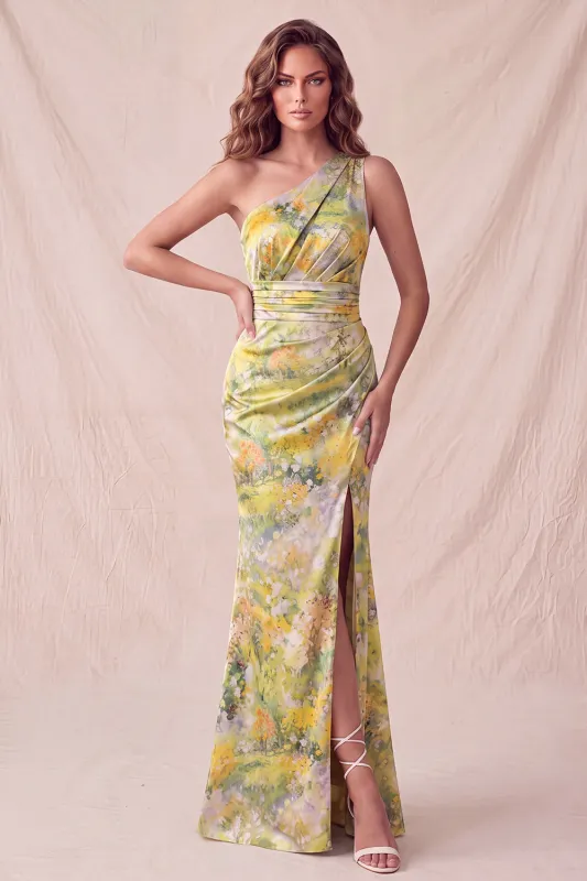 Yellow One Shoulder Floral Mermaid Ruched Long Formal Dress with Slit made by Zapaka