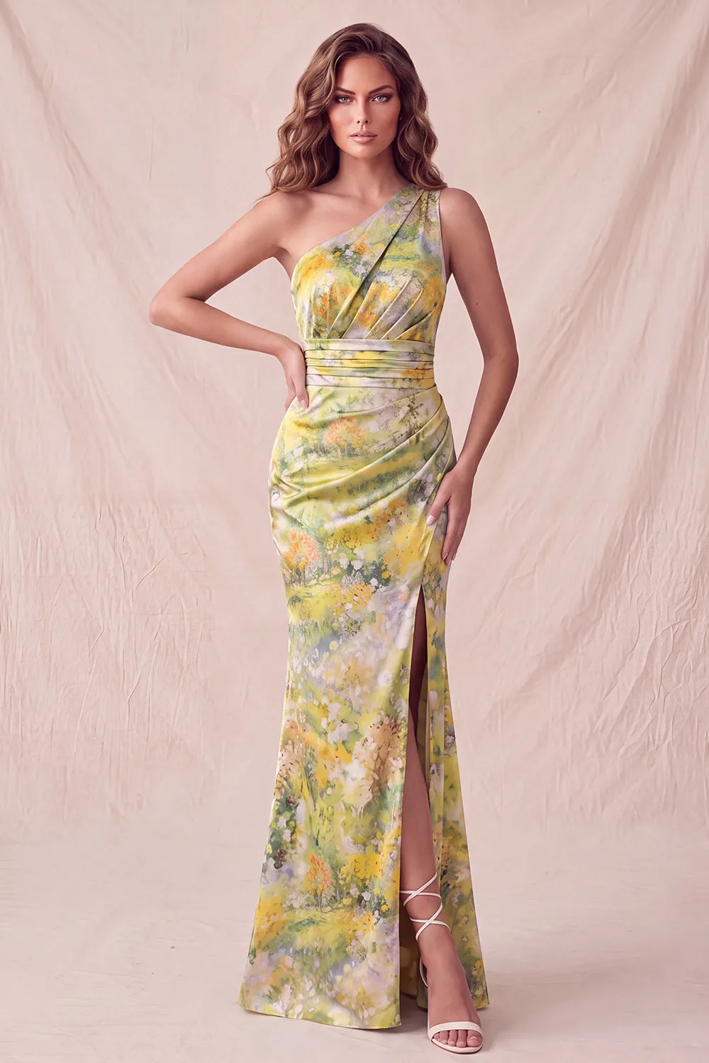 Yellow One Shoulder Floral Mermaid Ruched Long Formal Dress with Slit sold by Zapaka