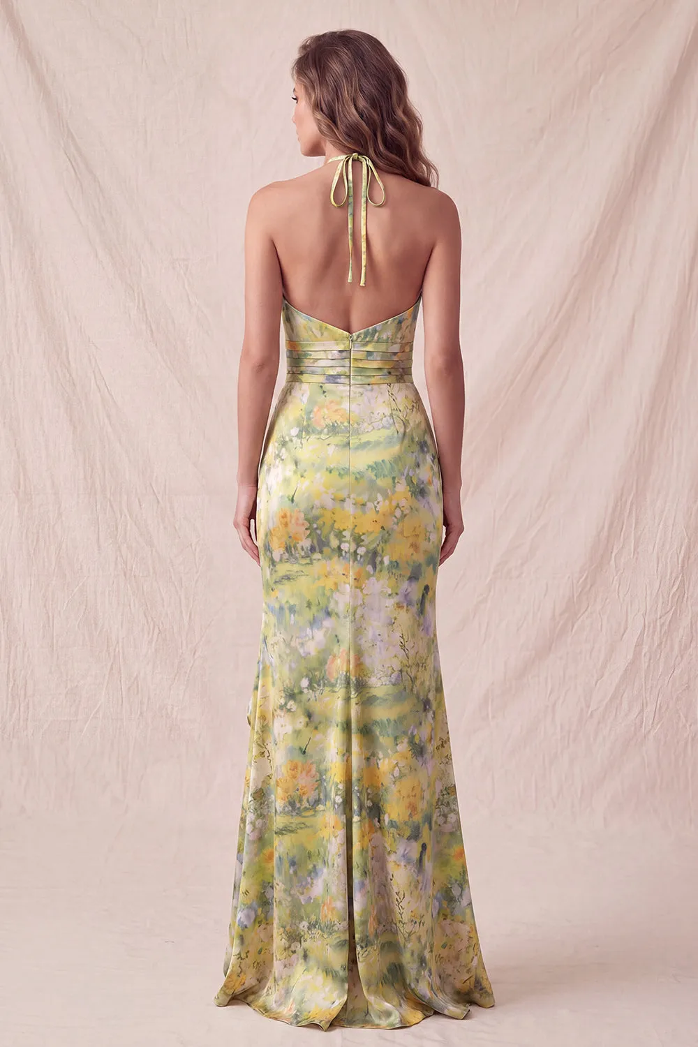 Yellow Halter Neck Floral Mermaid Ruffled Long Formal Dress with Slit sold by Zapaka product image thumbnail 2