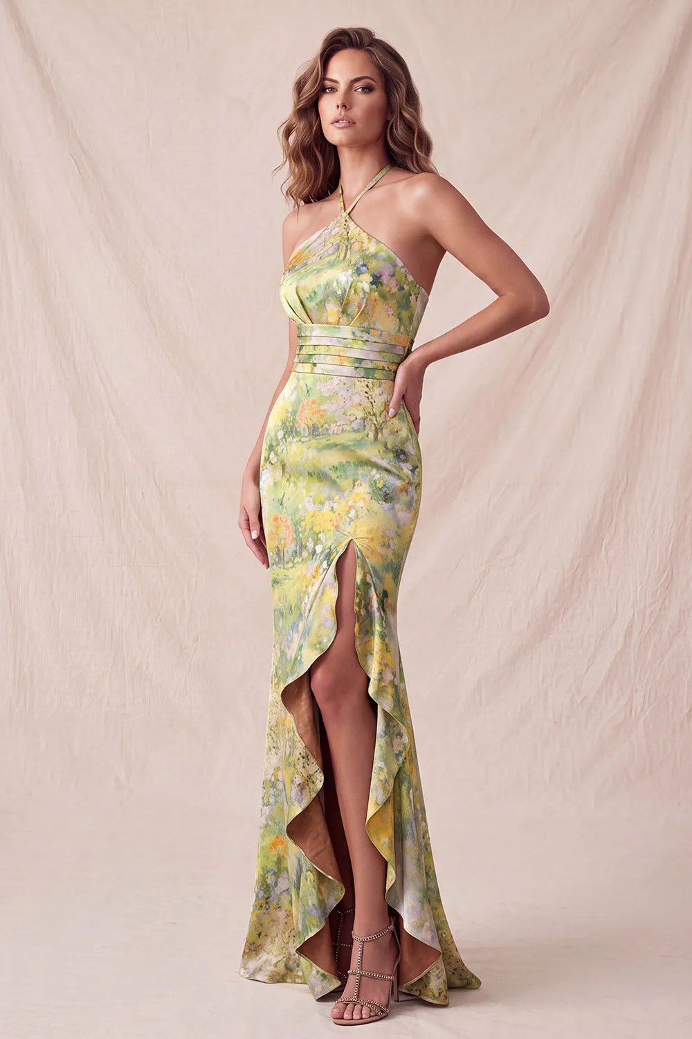 Yellow Halter Neck Floral Mermaid Ruffled Long Formal Dress with Slit sold by Zapaka