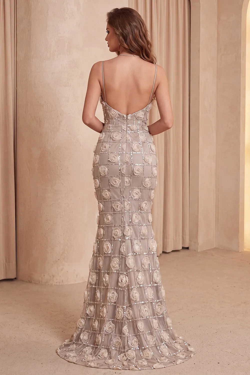 Champagne Mermaid Sequins Floral Spaghetti Straps Long Formal Dress with Slit sold by Zapaka product image thumbnail 2