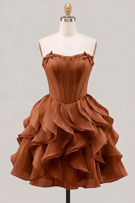 A-Line Sweetheart Brown Corset Ruffle Homecoming Dress with Lace Up Back made by Zapaka