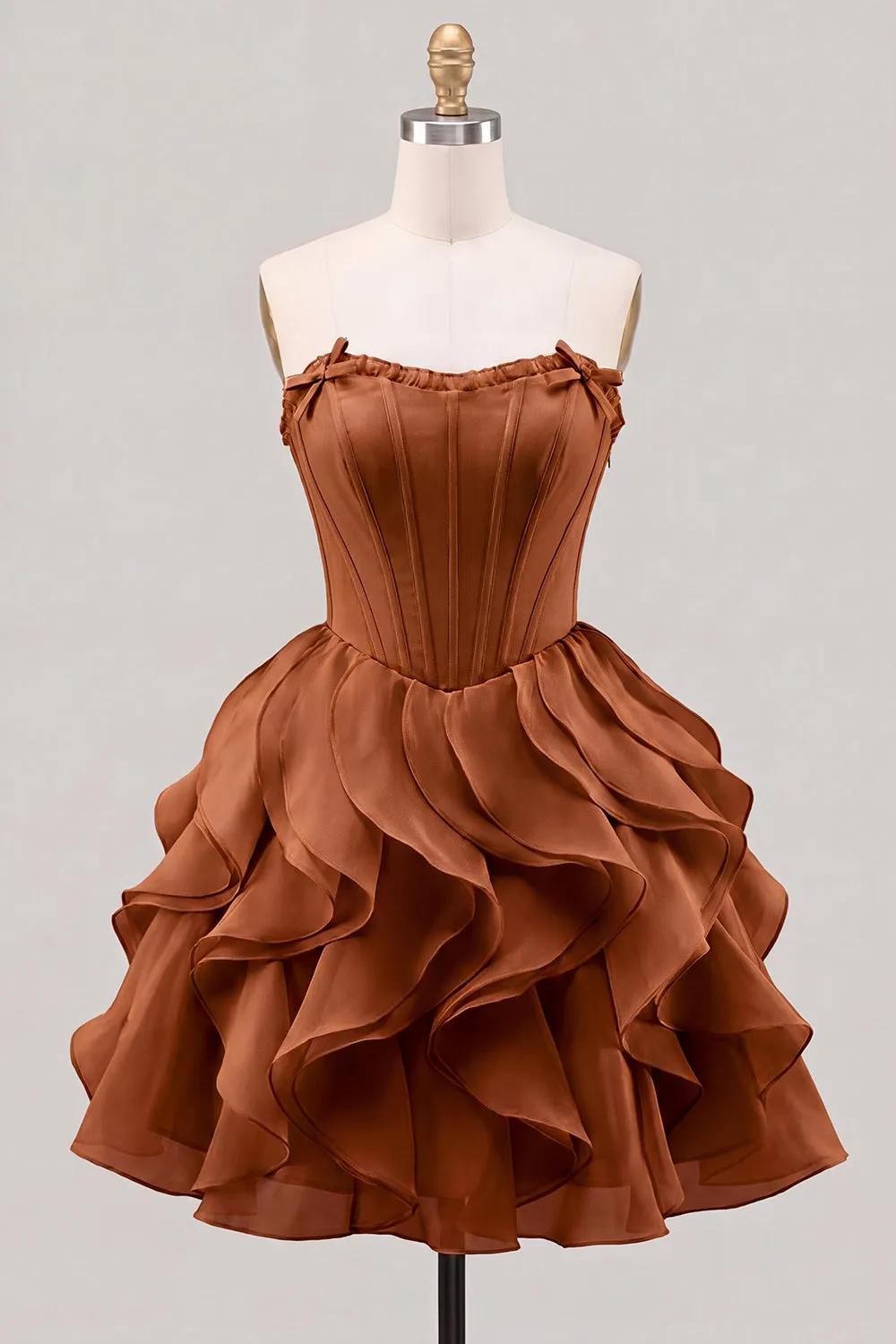 A-Line Sweetheart Brown Corset Ruffle Homecoming Dress with Lace Up Back sold by Zapaka