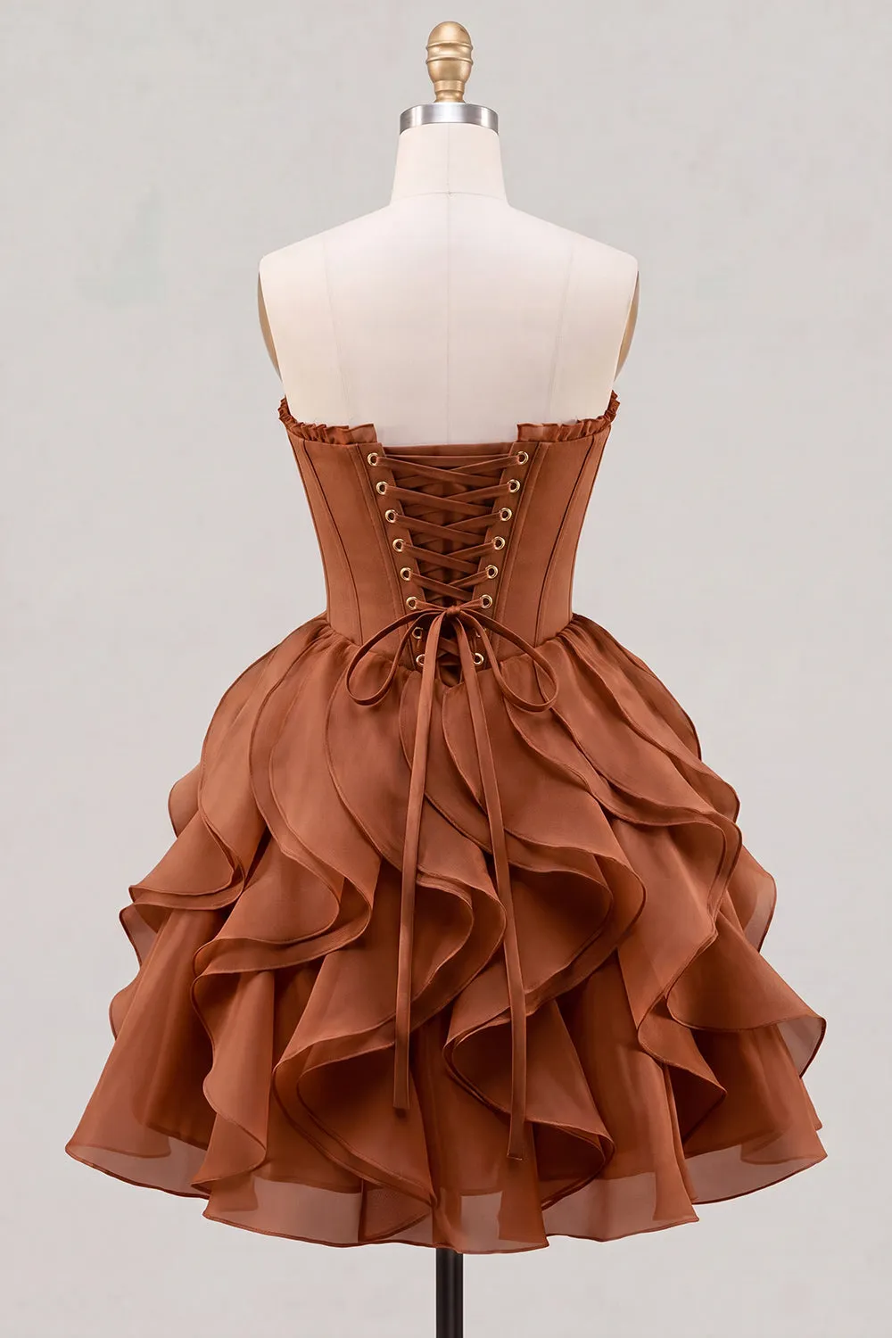 A-Line Sweetheart Brown Corset Ruffle Homecoming Dress with Lace Up Back sold by Zapaka product image thumbnail 2